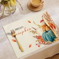 Detail of HELLO Pumpkin festive table mat with rustic linen texture and fall harvest prints - HELLO Pumpkin Lettering