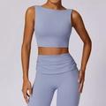 Light blue yoga set with high-waist pleated leggings and racerback sports bra - S / Haze Blue
