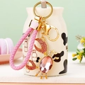 Pink crab keychain with crystal rhinestones and golden woven rope strap for bags - Pink Crab with Weave Rope