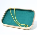 Champagne gold jewelry display tray with emerald green microfiber lining and beaded necklace - Empty Tray
