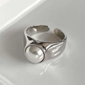 Minimalist S925 sterling silver wide ring featuring a large round white pearl inlay - Wide Surface Pearl Open Ring