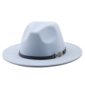 Detail of light blue felt jazz hat featuring black leather band and silver fishbone buckle - M (56-58cm) / Sky Blue