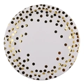 White party paper plate with elegant gold foil polka dots for birthday decorations - Large Paper Plates