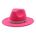 Detail of fuchsia fedora hat featuring rhinestone band and gold M letter badge emblem - M (56-58cm) / Rose Red