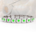 Italian charm bracelet with modular stainless steel links and green enamel heart charms - Heart Grass Green Gem (18 Links)