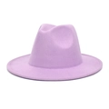 Detailed view of lavender wool felt fedora with a wide brim and classic pinched crown - M (56-58cm) / Taro Purple