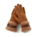 Women's winter warm caramel suede gloves with faux fur trim and decorative buckles - One Size / Khaki