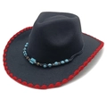 Cappello da cowboy in feltro nero con bordo cucito rosso e perline di turchese - M(56-58cm) / Nero