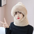 Light beige plush hooded scarf set made of thickened faux rabbit fur for winter warmth - Korean Integrated / Khaki