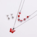 Detail view of double-layer stainless steel necklace and studs with red evil eye butterfly - Steel Red