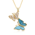 Double butterfly pendant necklace with gold chain and blue turquoise stone inlays - Blue Turquoise-Look Butterfly Style (F245)