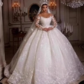 Luxury ball gown wedding dress with long sleeves, lace appliques and sequin sparkle finish - US 2 / Pure White