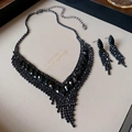 French vintage style black crystal V-shape tassel necklace and drop earrings jewelry set - Gun Black 2pcs Set Necklace (164#)