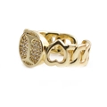Detailed close-up of golden heart-shaped ring with pavé stones and hollow design - Letter I