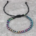 Rainbow plated stainless steel NK chain and black woven cord adjustable bracelet - Adjustable Rainbow Cuban Chain / Rainbow