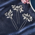 Set of 3 silver bridal hair pins with clear rhinestones and leaf motifs on blue velvet - HS-J6405 3Pcs Silver Handmade Rhinestone Hair Pin Set