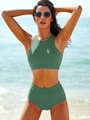 Close-up of matte green high-waisted bikini set with sporty vest top on beach - S / Army Green