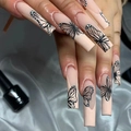 Unghie press-on extra lunghe nude coffin con decorazioni ad ali di farfalla nera e punti - Stile Balletto Lungo Nude Motivo Farfalla Nera (JP1616)