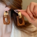 Close-up of geometric resin drop earrings in amber brown worn by a model - Rectangular Hollow (56#) / Gold Brown