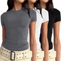 Dreierpack figurbetonte Langarmshirts in Dunkelgrau, Weiß und Schwarz einfarbig - XS / Oberteile / 3 Stück/Packung (Kurzarm) / Dunkelgrau, Schwarz und Weiß Kombination