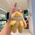 Cute yellow plush bunny keychain with long ears and metal clip for backpack decoration - Brown