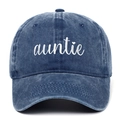 Detailaufnahme der Vintage-Baseballkappe aus gewaschenem Denim mit auntie Stickerei - Verstellbar / Tante / Marineblau