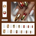Uñas postizas retro hoja de maple rojo con relieve 3D dorado, forma de ataúd, 24 piezas - Hoja de Arce Roja Caída (W1874) [Con Pegamento]