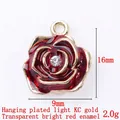 3D rose flower pendant with red enamel, KC gold plating and sparkling crystal rhinestone - 13818-KC Gold Plated-Transparent Red Enamel Small Rose