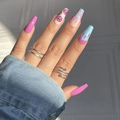 Coffin shaped press-on nails featuring cute pink flames and smile patterns for a trendy look - Glue Type / Mixed Colors (Y-160)