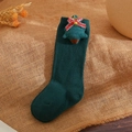 Detail of green knit kids sock with 3D Christmas tree decor and red plaid ribbon bow - S 0-6 Months / Green-Bow Christmas Tree