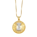 Gold plated alphabet necklace with letter I pendant and sunburst texture detail - Letter I