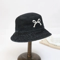 Denim bucket hat in black with white bow embroidery for a chic summer sun protection look - One Size (58cm) / Black
