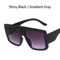 Oversized glossy black square sunglasses with purple gradient lenses for women - Bright Black / Gradient Gray