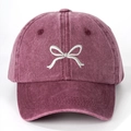 Washed red cotton baseball cap with white bow embroidery for outdoor sun protection - One Size / Burgundy