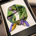 Silk square scarf featuring green and purple oil painting floral print with satin finish - 17212-Oil Painting / 53*53cm
