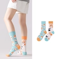 Asymmetrische Socken mit Corgi- und Katzenmuster in Hellblau und Cremeweiß für Damen - Corgi Katze Toast Stil (1066)