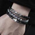 Detail shot of men's beaded bracelet set featuring black hematite, marble, and silver cross - Cross Map Stone Style (ZJ9082)