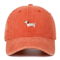 Close-up of embroidered dachshund dog on vintage washed cotton baseball cap fabric - One Size / Orange