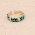 Dettaglio macro dell'anello leopardato dorato con smalto verde acqua e zirconi lucidi - Aperto Regolabile / Stile Smalto Leopardato Teal (4#)