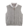 Détail d'un gilet gris en tricot torsadé avec col montant et tirette en cuir - Gris