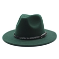 Detail of dark green wool fedora hat featuring a black woven leather belt and silver buckle - M (56-58cm) / Dark Green