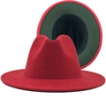 Two-tone wool felt fedora hat in red and dark green featuring a flat brim and jazz crown - Red/Army Green