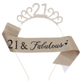 21st birthday gold crystal tiara and champagne gold glitter sash party accessory set - One Size / 21st (Glitter) / Gold/Black