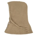 Beige knitted balaclava with two matching buttons and adjustable knit drawstrings - Camel