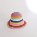 Foldable women's straw sun hat featuring vibrant multi-color crochet stripes in a bell shape - M / Colorful Small Bucket Hat-Beige