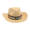 Sombrero de vaquero de paja con banda de cuero y piedras turquesas para la playa - Beige