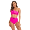 Two-piece rose red bikini with one-shoulder ruffle top and high waist belted bottoms - S / Rose Red