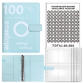 Light blue PU leather 100 envelope challenge binder with savings tracker and PVC inserts - Blue Shell + 25 Four-Grid Sleeves + 1 Sticker / Blue (With 1 Sticker)