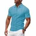 Men's light blue short sleeve polo shirt with vertical texture and buttoned lapel - Light Blue