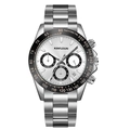 Men's chronograph watch with silver stainless steel band and white dial with black accents - 1811 Silver Case White Dial - Steel Strap (Hollow Bottom)
